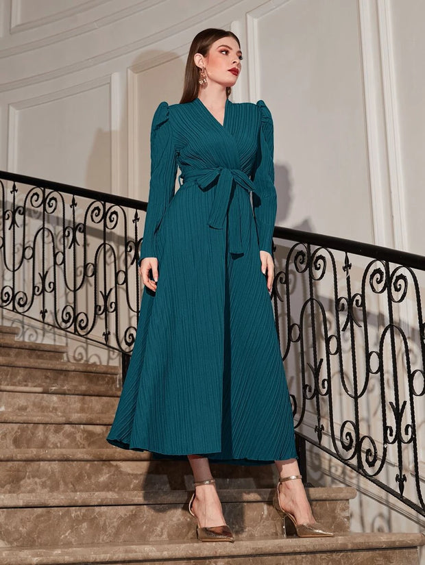 Puff Sleeve Wrap Belted Dress - Hues