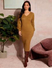 Contrast Lace Ribbed Knit Sweater Dress - Hues