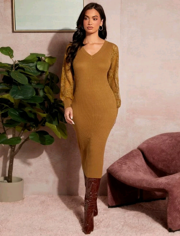 Contrast Lace Ribbed Knit Sweater Dress - Hues
