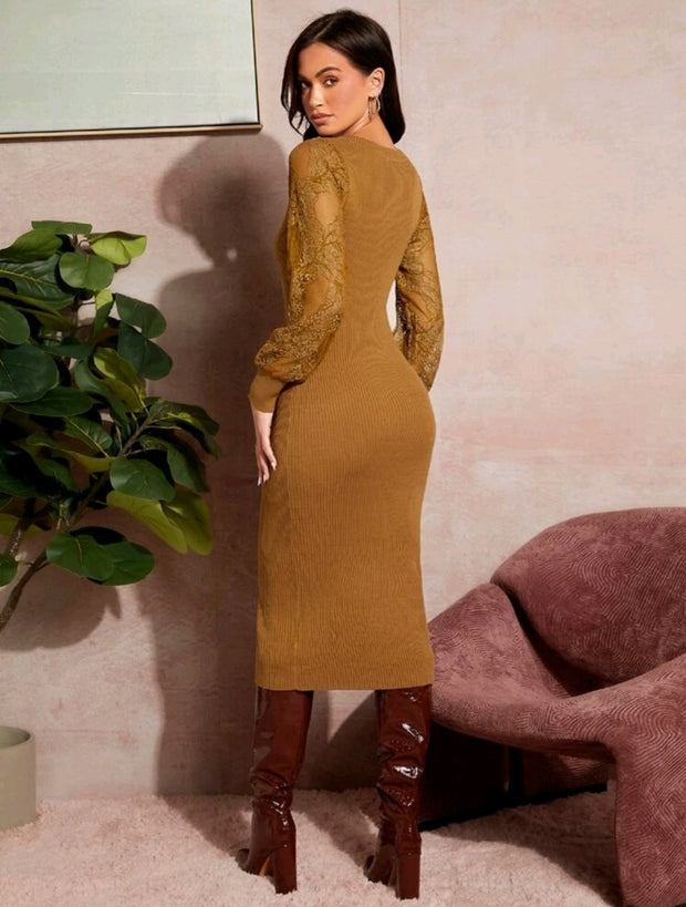 Contrast Lace Ribbed Knit Sweater Dress - Hues