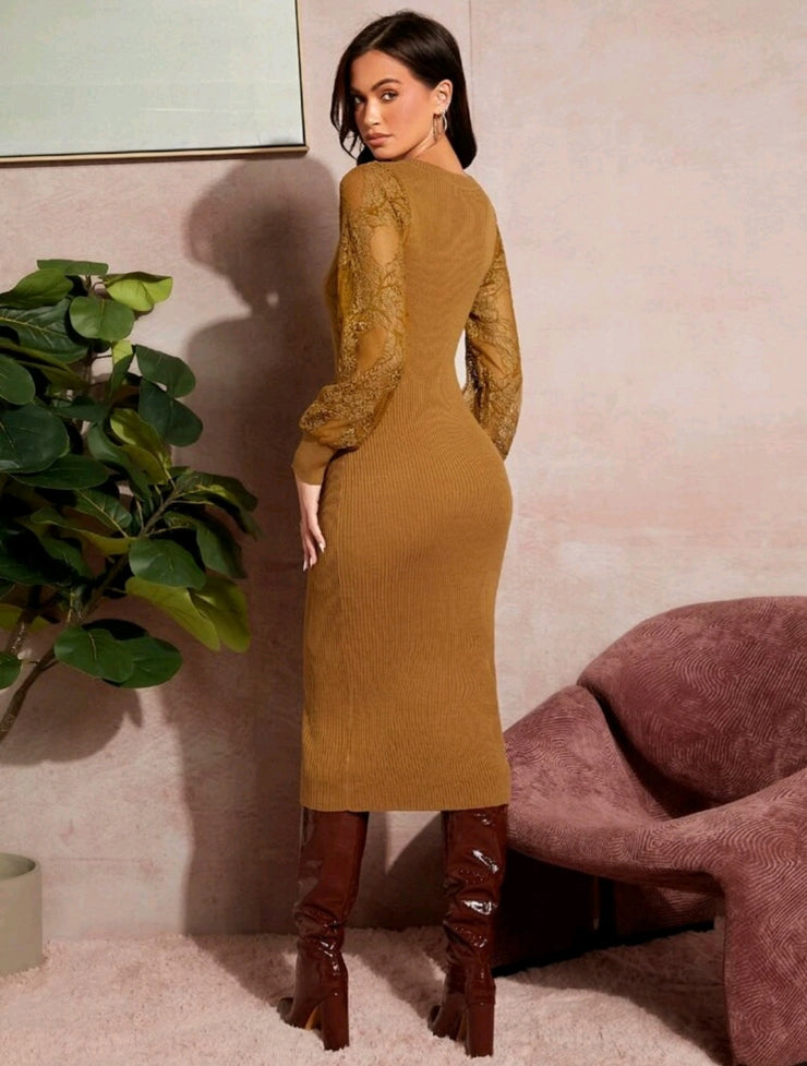 Contrast Lace Ribbed Knit Sweater Dress - Hues