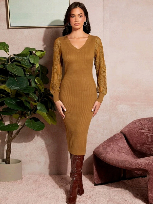 Contrast Lace Ribbed Knit Sweater Dress - Hues