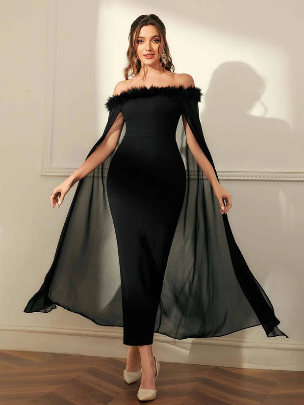 SHEIN Off Shoulder Fuzzy Trim Split Thigh Chiffon Prom Dress - Hues