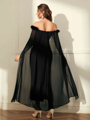 SHEIN Off Shoulder Fuzzy Trim Split Thigh Chiffon Prom Dress - Hues